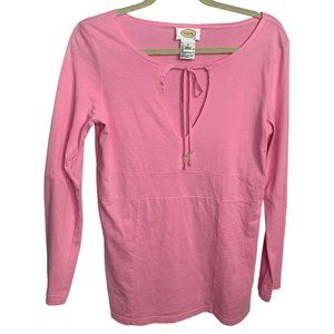 Talbots Womens Long Sleeve Cotton Tunic Top Size Small Pink Tie Collar  Peekhole